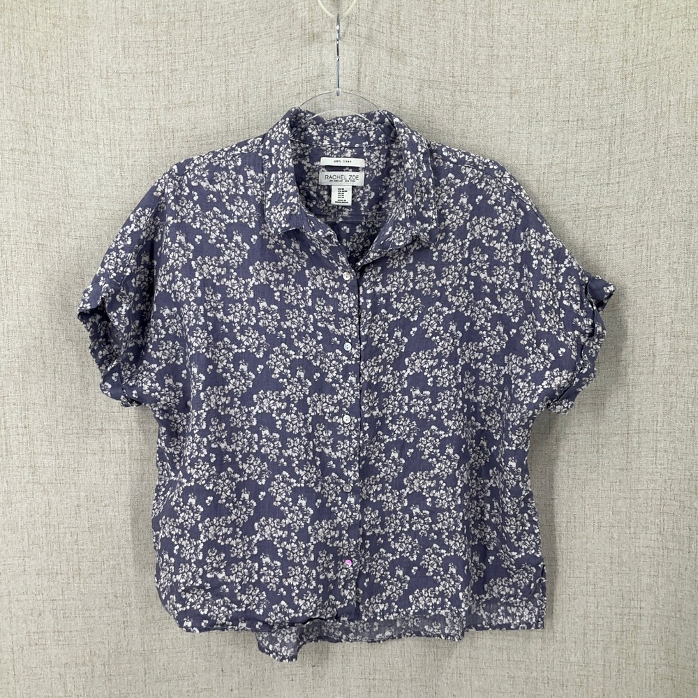 Rachel Zoe Button Down Shirt Womens M Blue Linen Floral Boho Coastal Breathable
